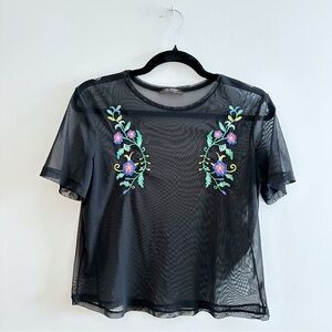 Zara Embroidered Floral Black Mesh Tshirt Top M